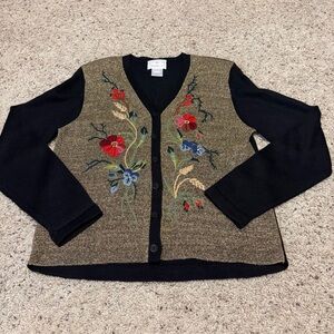Susan Bristol Black and Gold Embroidered Floral Cardigan